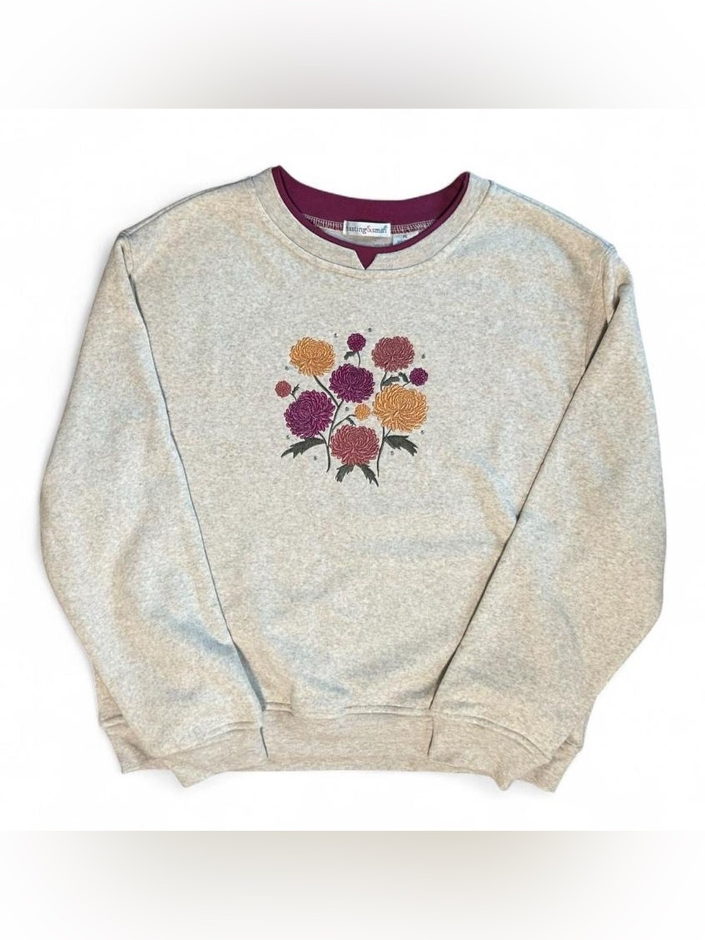 Beige Floral Embroidered Crewneck Sweatshirt